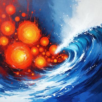 The primary subject of the image is a painting of a wave with a blue background. The wave is depicted in a vibrant red and orange color, creating a dynamic and lively atmosphere. The setting is a painting, and the visual style is a mix of digital art and illustration. The dominant colors and overall mood of the painting are energetic and captivating.